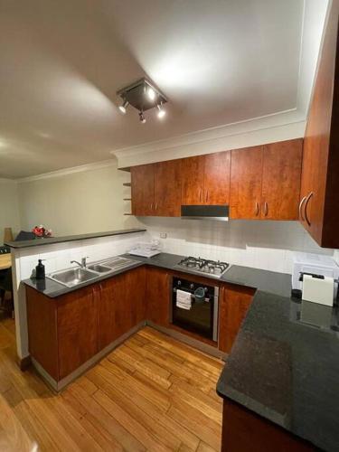 悉尼Comfortable 3 Bedroom House Pyrmont的厨房配有水槽和炉灶 顶部烤箱