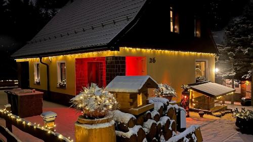 奥泊维森塔尔Tolles Ferienhaus in Kurort Oberwiesenthal mit Garten und Grill的雪中遮盖着圣诞灯的房子