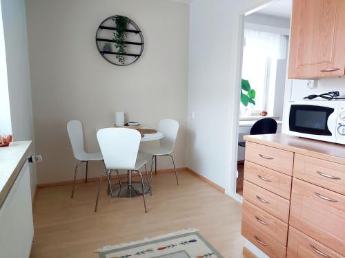 约恩苏Spacious studio apartment near the center of Joensuu的厨房配有桌椅和微波炉。