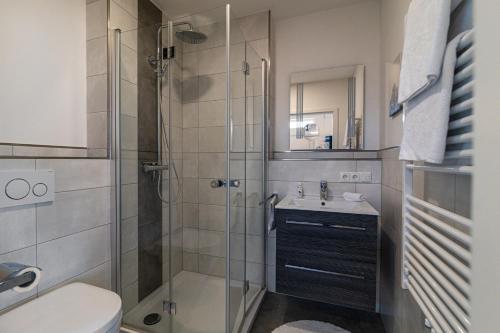 贡岑豪森Ferienwohnung Streudorf的带淋浴、卫生间和盥洗盆的浴室