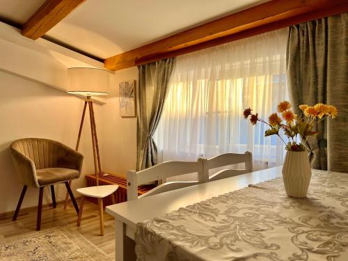 瓦特拉多尔内Parc Vatra Dornei 2 - Family, couples & groups的客房设有床、椅子和窗户。