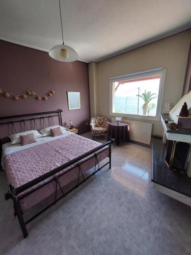 PlatanidiaPlatanidia Apartment Pelion的一间卧室配有一张床、一张桌子和一个窗户。