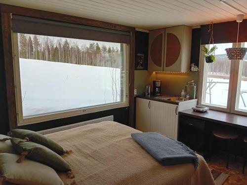 罗瓦涅米Experience accommadation Eco-Unela的一间卧室设有一张床和两个大窗户