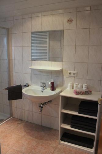 因泽尔Ferienwohnung Hinterpommern - Chiemgaukarte的一间带水槽和镜子的浴室