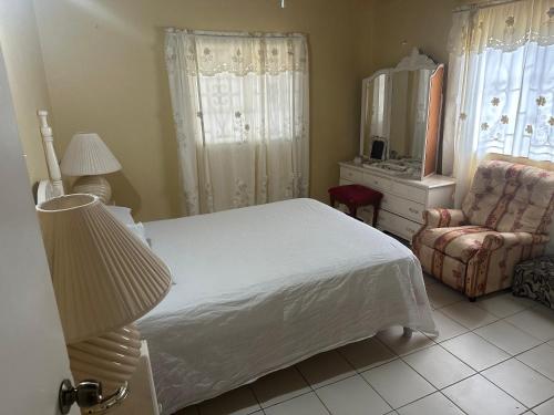 圣玛丽Seaview Villa的一间卧室配有一张床、一把椅子和镜子