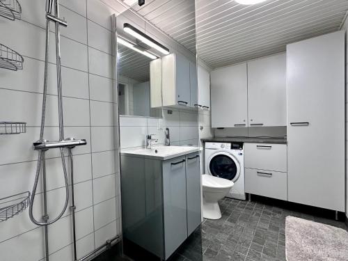 鲁卡Villa Kiviaapa in Ruka Kuusamo的浴室配有卫生间、盥洗盆和洗衣机。