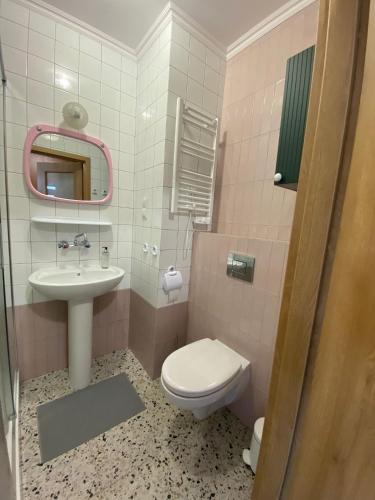 弗罗茨瓦夫Lux Lotnisko的粉红色的浴室设有卫生间和水槽