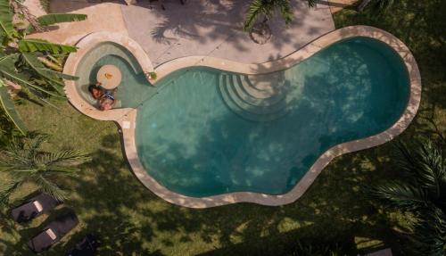 巴卡拉尔Casa Cactus Buenavista的游泳池的顶部景色,其中有2人