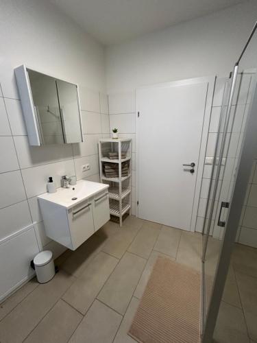ÜbelbachFerienwohnung „Baderhaus“的一间带水槽、镜子和淋浴的浴室