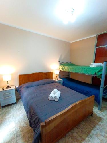 圣胡安Hotel Interlagos的一间卧室配有两张床,床上配有毛巾