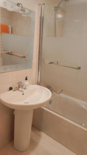 潘普洛纳Habitación Renfe的浴室配有水槽、淋浴和浴缸。