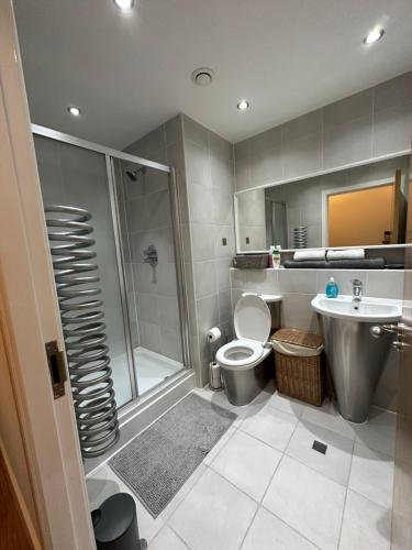 卡迪夫Cardiff City Center - with Parking的带淋浴、卫生间和盥洗盆的浴室