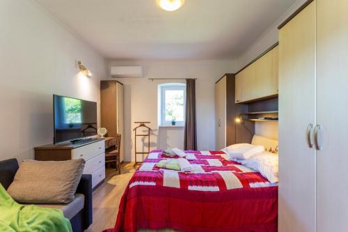 VinežHoliday house with a swimming pool Vinez, Labin - 22240的一间卧室配有一张带红白毯子的床