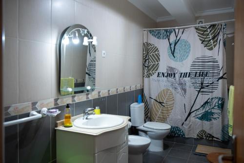 英雄港Casa Espaçosa perto de Angra的浴室配有水槽、卫生间和浴帘