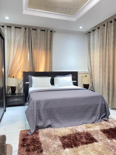 东勒贡EL Apartment的一间卧室配有一张带两盏灯和地毯的床。