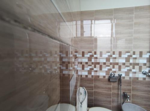 穆扎法拉巴德Marina Residency的一间带卫生间和玻璃淋浴间的浴室