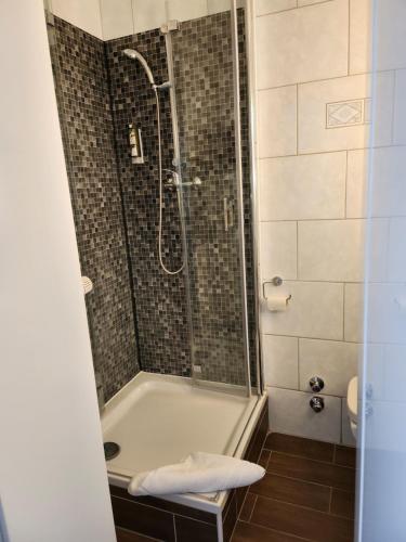 维斯马威乐特酒店的带淋浴和浴缸的浴室