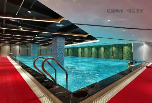 深圳深圳南山深圳湾美居酒店的一座铺有红地毯的建筑里的大型游泳池
