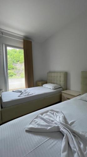 LibrazhetHotel Skura的一间卧室设有两张床和窗户。
