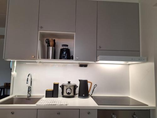 波里Ratalinna - free WiFi的厨房配有白色橱柜和水槽