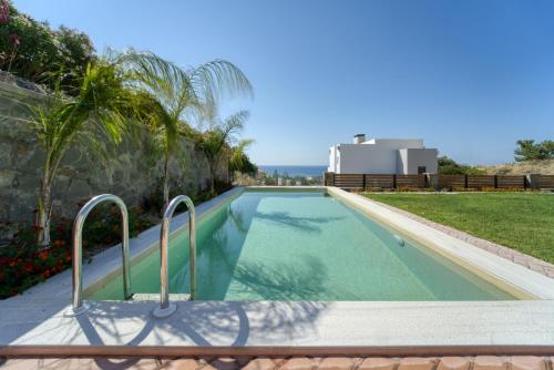 吉奥塔略Heliophos Villa Aelia的棕榈树别墅内的游泳池