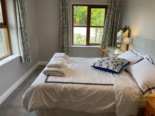 卡斯尔巴Creevagh Cottage的卧室配有带枕头的床铺和窗户。