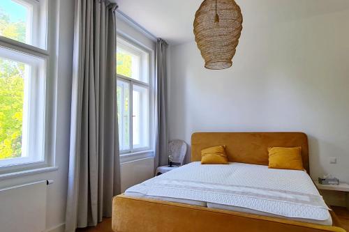 皮塞克Art Nouveau apartment with garden in Pisek的一间卧室设有一张床和两个窗户。
