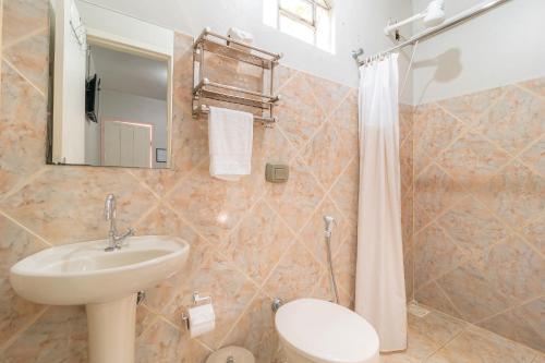 皮雷诺波利斯Pousada Lara的一间带水槽、卫生间和淋浴的浴室