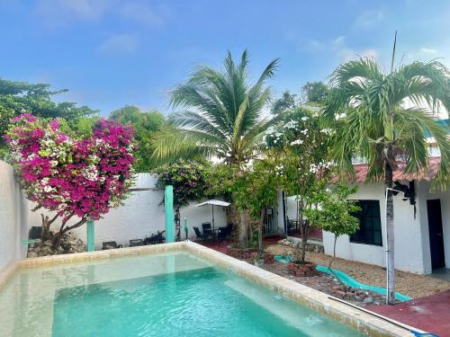 卡塔赫纳Casa Torices Real 12的棕榈树屋前的游泳池