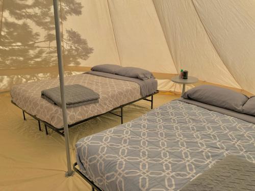 HildaleZion View Camping的帐篷内的两张床和一张桌子
