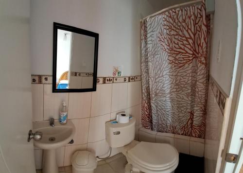 帕拉卡斯Starfish of Paracas的一间带卫生间、水槽和镜子的浴室