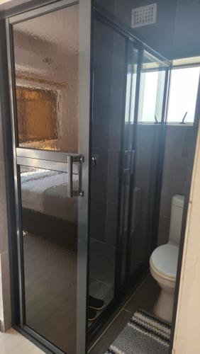 恩多拉Koluti Apartments的浴室设有玻璃门和卫生间