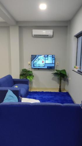 Pedro Juan CaballeroMEDPY HOSTEL的客厅配有蓝色的沙发和平面电视。