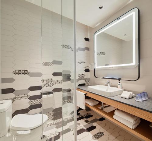 嘉义市嘉义智选假日酒店的一间带卫生间、水槽和镜子的浴室