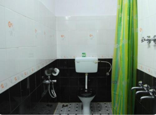 科钦Kuppath Inn的浴室设有卫生间和绿色淋浴帘。