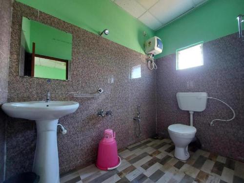 曼达莫尼Bongtel Beach Resort Mandarmani的一间带水槽、卫生间和镜子的浴室