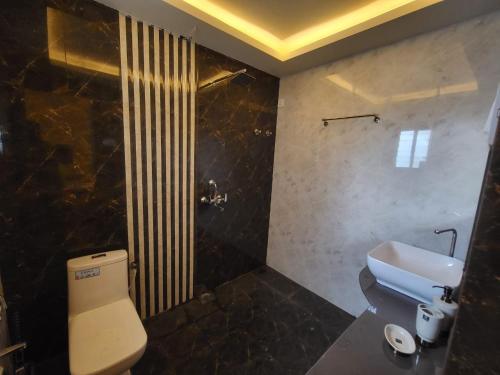 科尔瓦Palm Crest The Colva Diaries的浴室配有卫生间、淋浴和盥洗盆。