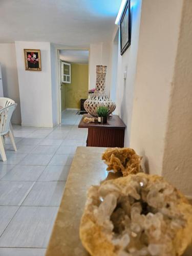 托泽尔Hadhri Appartement的客厅配有桌子和花瓶