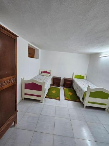 托泽尔Hadhri Appartement的一间设有两张床的客房,地板上设有两块地毯。