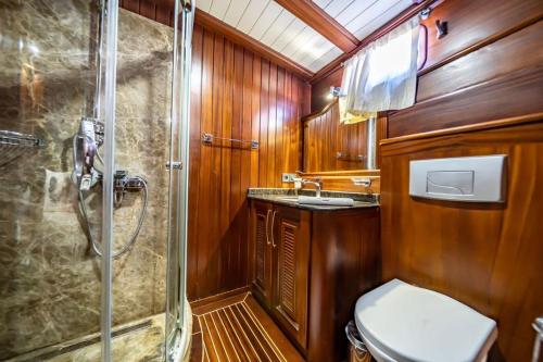 博德鲁姆Seara Yachting的带淋浴、卫生间和盥洗盆的浴室