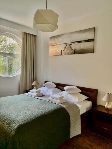 奥古斯图REMAR - Apartamentai prie Necko Ežero的一间卧室配有一张带两个枕头的床