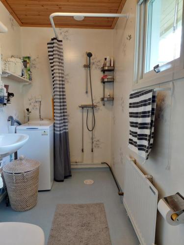 EkängGula Stugan Rönnäs Skogsväg的带淋浴和盥洗盆的小浴室