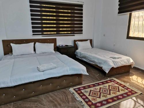杰拉什Flower 2的一间卧室设有两张床、一个窗户和一个地毯。