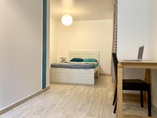 昂蒂布Camélias - Chambre privée, proche mer的一间卧室配有一张带蓝色枕头的床。