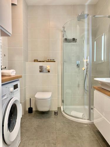 奥古斯图REMAR - Apartamentai prie Necko Ežero的带淋浴、卫生间和盥洗盆的浴室