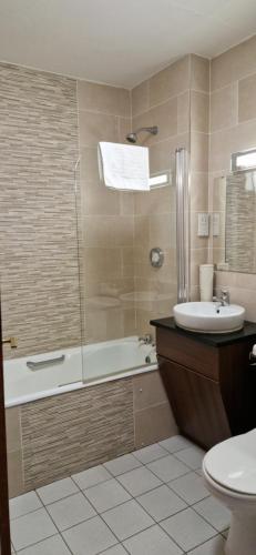 邓法纳希Arnolds Hotel的带浴缸、盥洗盆和卫生间的浴室