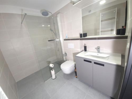 克拉德诺Relax apartmán Pod Javorem的浴室配有卫生间、盥洗盆和淋浴。