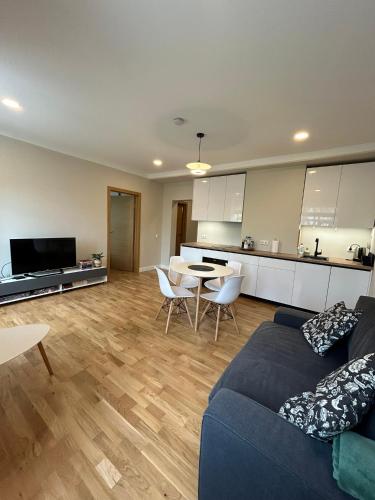 里加Pine cone cozy apartment的带沙发和桌子的客厅以及厨房。