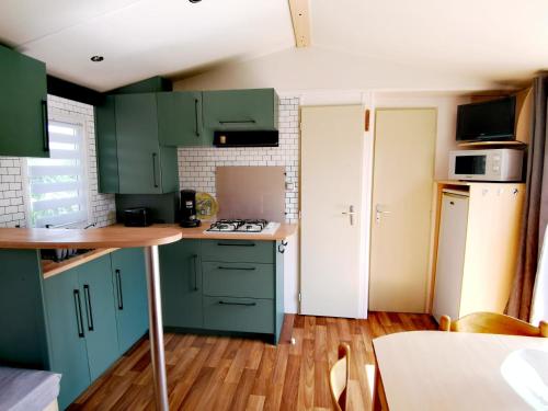 ArdresA deux pas du lac的一间小厨房,配有绿色的橱柜和一张桌子