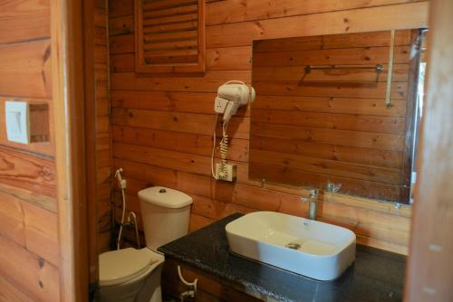莫尔吉姆Seawood beach front resort的一间带卫生间、水槽和电话的浴室